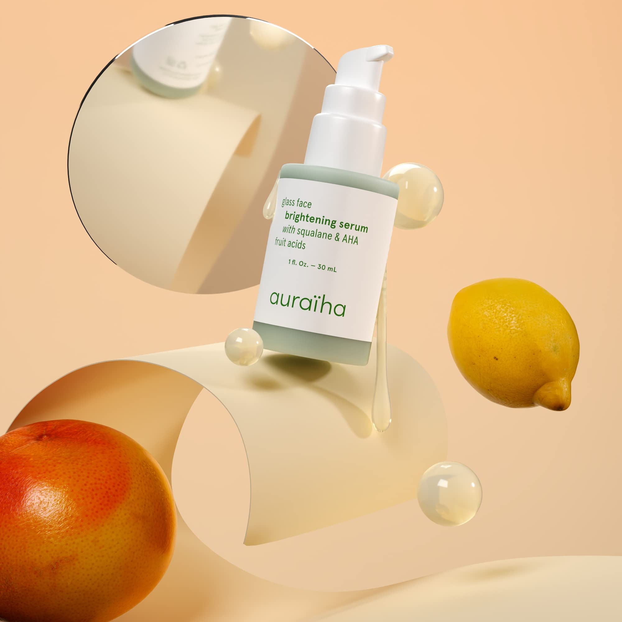 Auraiha Glass Face Brightening Serum - With Squalane and AHA Fruit Acids - Suitable for Sensitive Skin - Vegan, Cruelty-Free, Sustainable - Skincare for a Radiant, Makeup-Free Glow