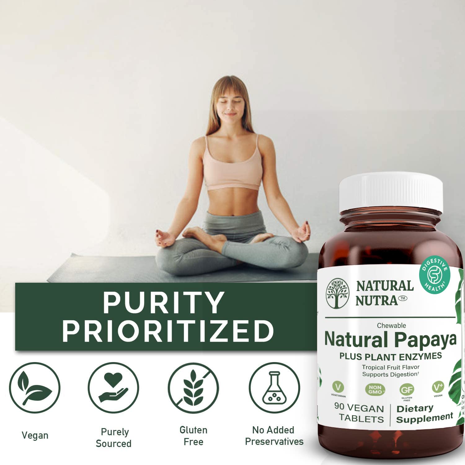 Natural Nutra Papaya Chewable Enzymes for Digestion and Body Cleanse - Supports Digestive Health, Ease Gastrointestinal Discomfort - Nutrient Absorption and Reduces Bloating - 90 Vegan Tablets