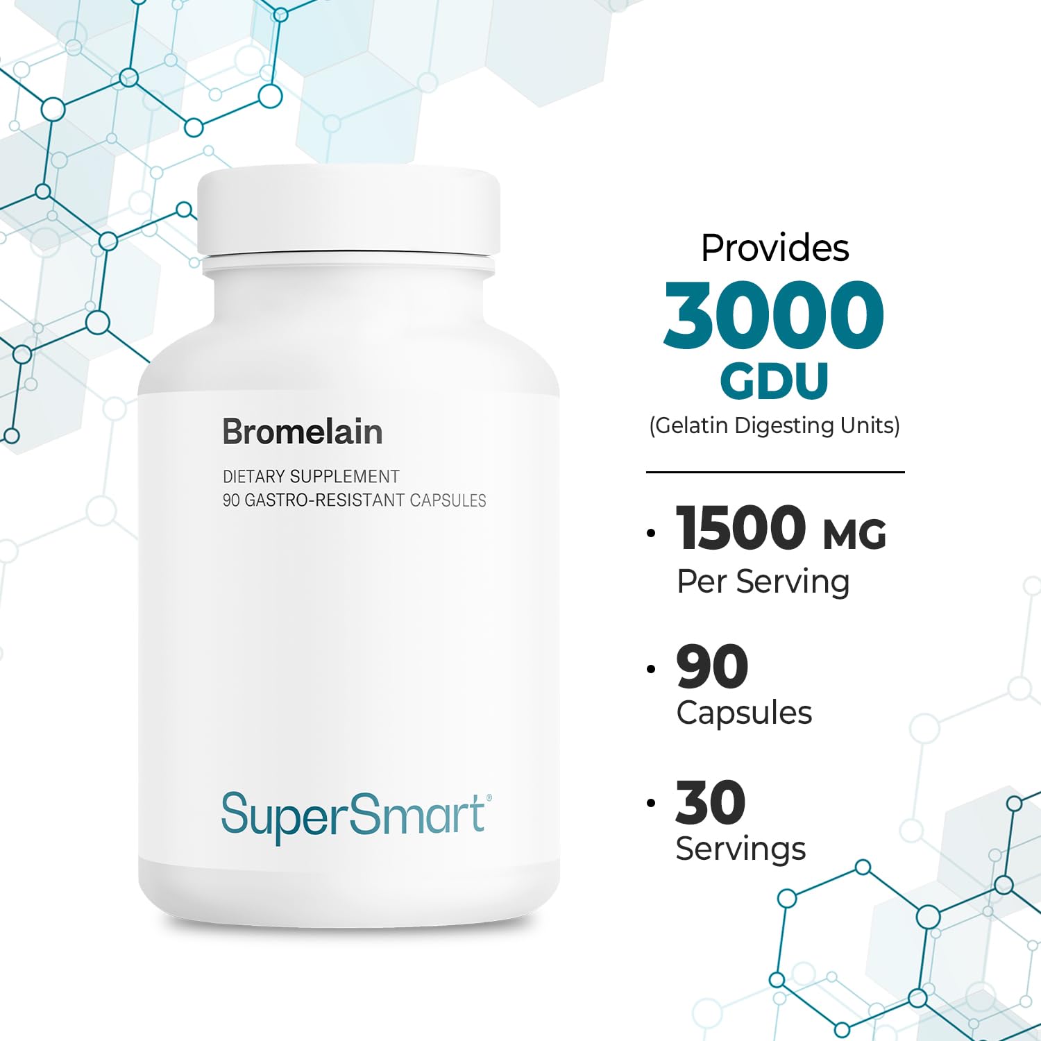 Supersmart - Bromelain Supplement 1500mg/3000 GDU per Day (Proteolytic Enzymes) - Pineapple Extract | Non-GMO & Gluten Free - 90 DR Capsules (Delayed Release)