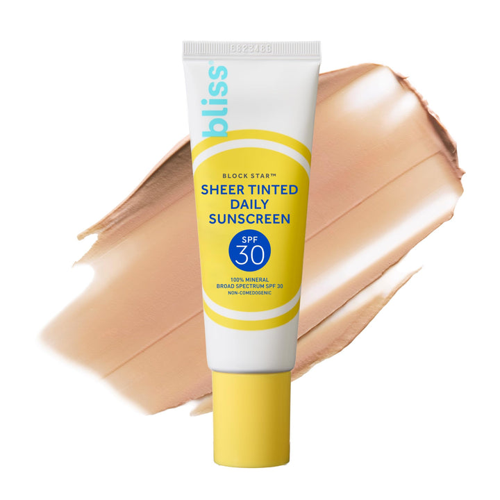 Bliss Block Star SPF 30 Daily Tinted Sunscreen with Zinc Oxide, Sunscreen & Makeup Primer- All Skin Tones - 100% Mineral Broad Spectrum Sunscreen with Titanium Dioxide & Antioxidant Blend,- 1.4 fl oz.