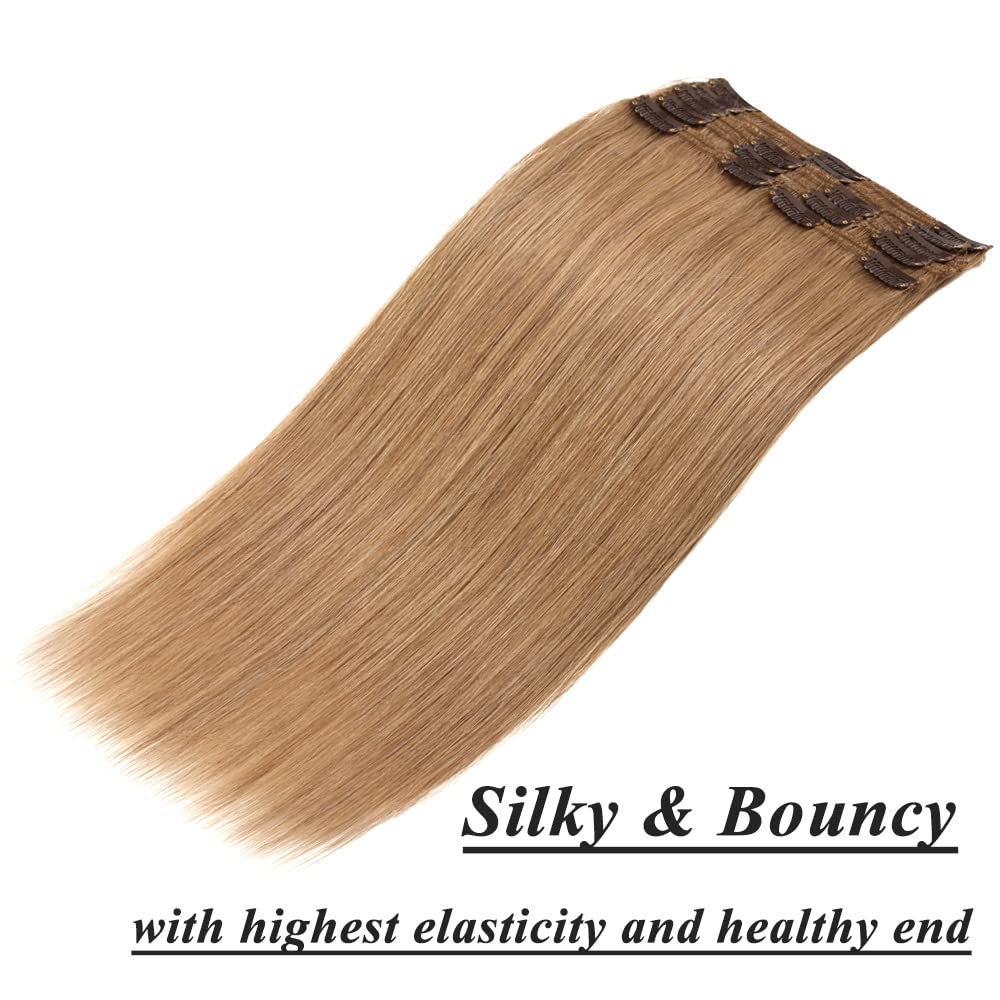 27 Dark Blonde Double Weft Clip in 100% Remy Human Hair Extensions 14''-22'' Grade 7A Full Head Thick Thickened Long Soft Silky Straight 8pcs 18clips for Women Beauty 22/22 inch 160g