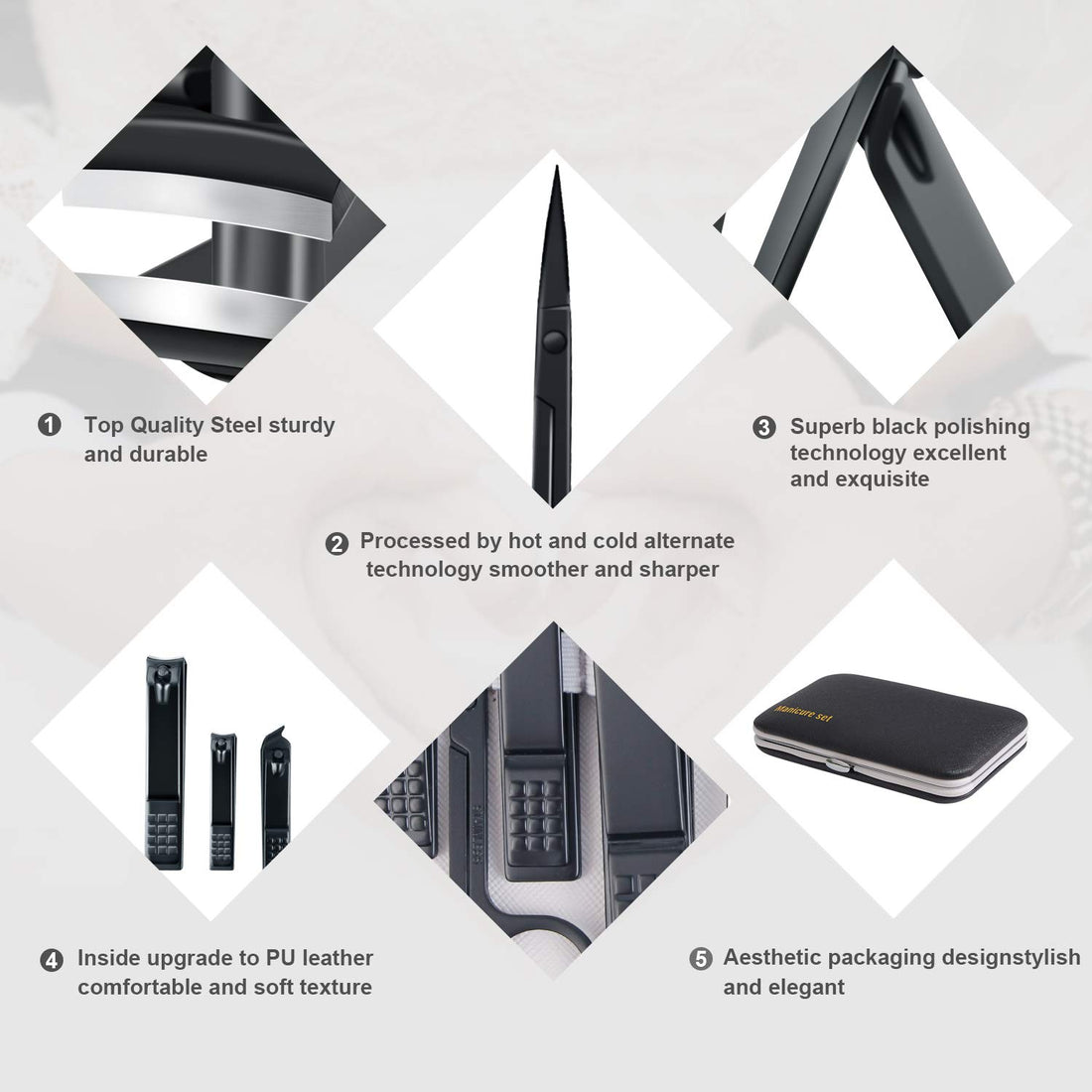 Manicure Set, Travel Nail Clippers Kit Pedicure Care Tools, 10pcs Stainless Steel Grooming kit (Black)