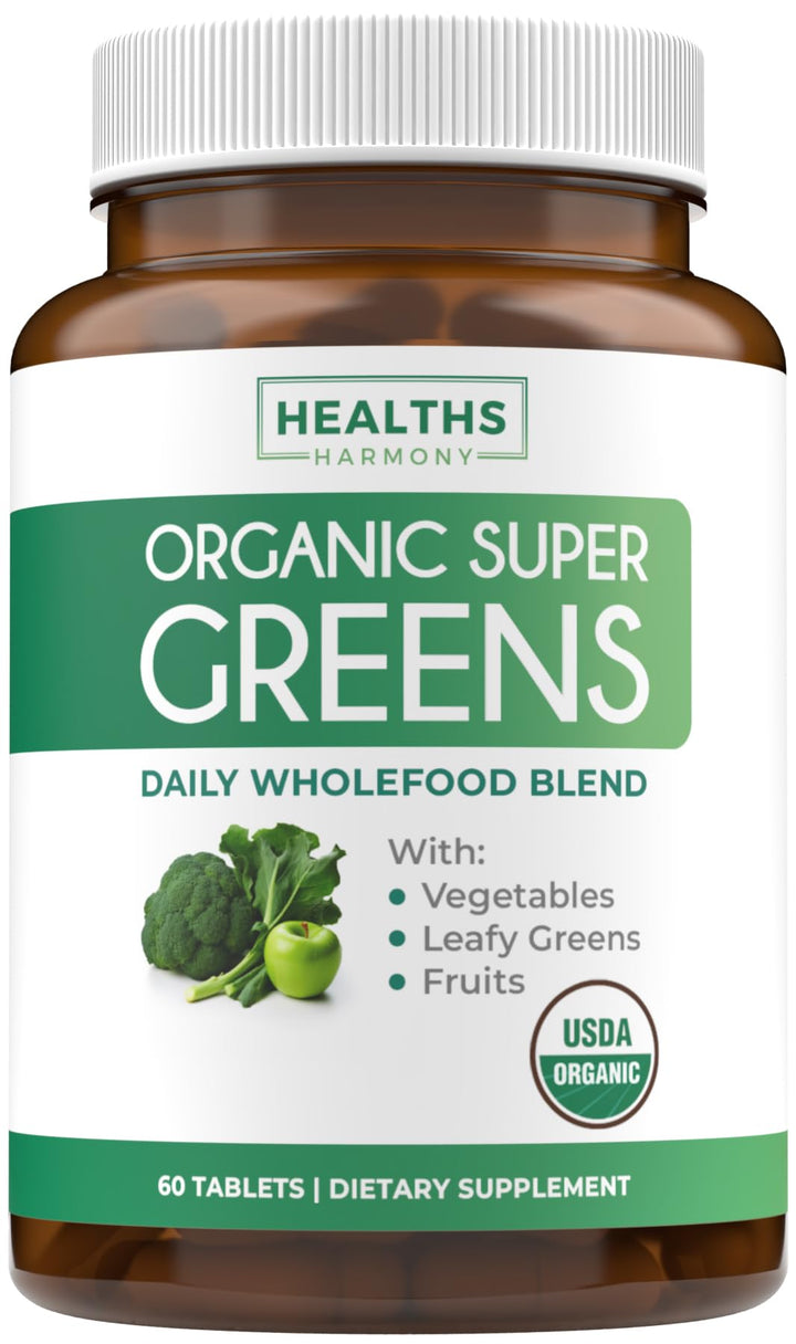 USDA Organic Greens Powder (60 Tablets) Convenient Pills - Complete Superfood Supplement with 28 Fruits & Vegetables - Super Antioxidants, Energy, Gut Health, and Immune Support (No Capsules)