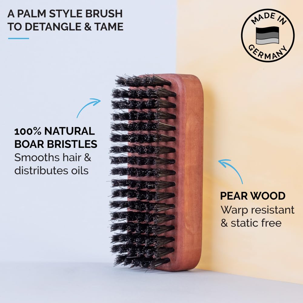 Zeus 100% Boar Bristle Beard Brush for Men - Medium Firm Bristles, Military-Style Palm Brush for Softer, Healthier and More Lustrous Beards - Made in Germany