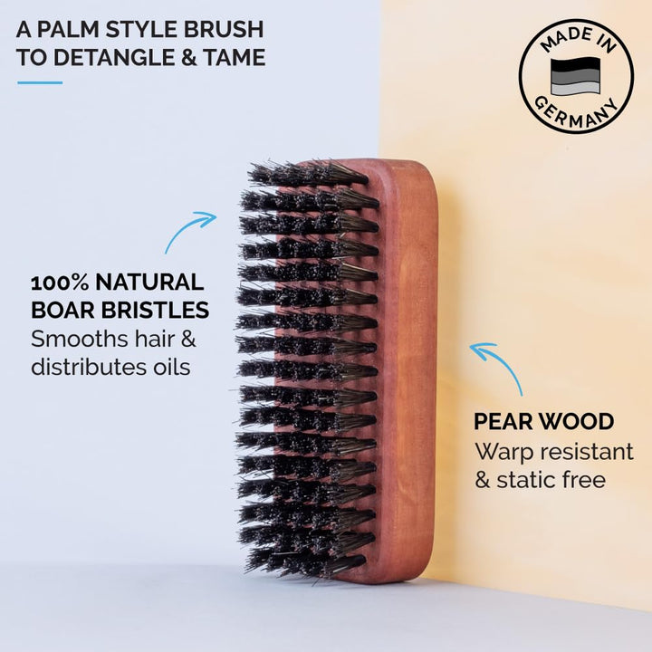 Zeus 100% Boar Bristle Beard Brush for Men - Medium Firm Bristles, Military-Style Palm Brush for Softer, Healthier and More Lustrous Beards - Made in Germany
