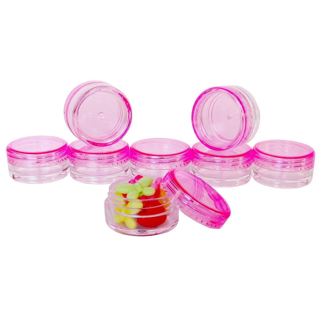 GreatforU Pink: 50Pcs, 3G 3Ml Small Jars, Bpa Free, Cosmetic Sample Empty Plastic Container, Round Pot Pink Screw Cap Lid, for Makeup, Eye Shadow, Nails, Powder, Jewelry, Gems, Beads, Free
