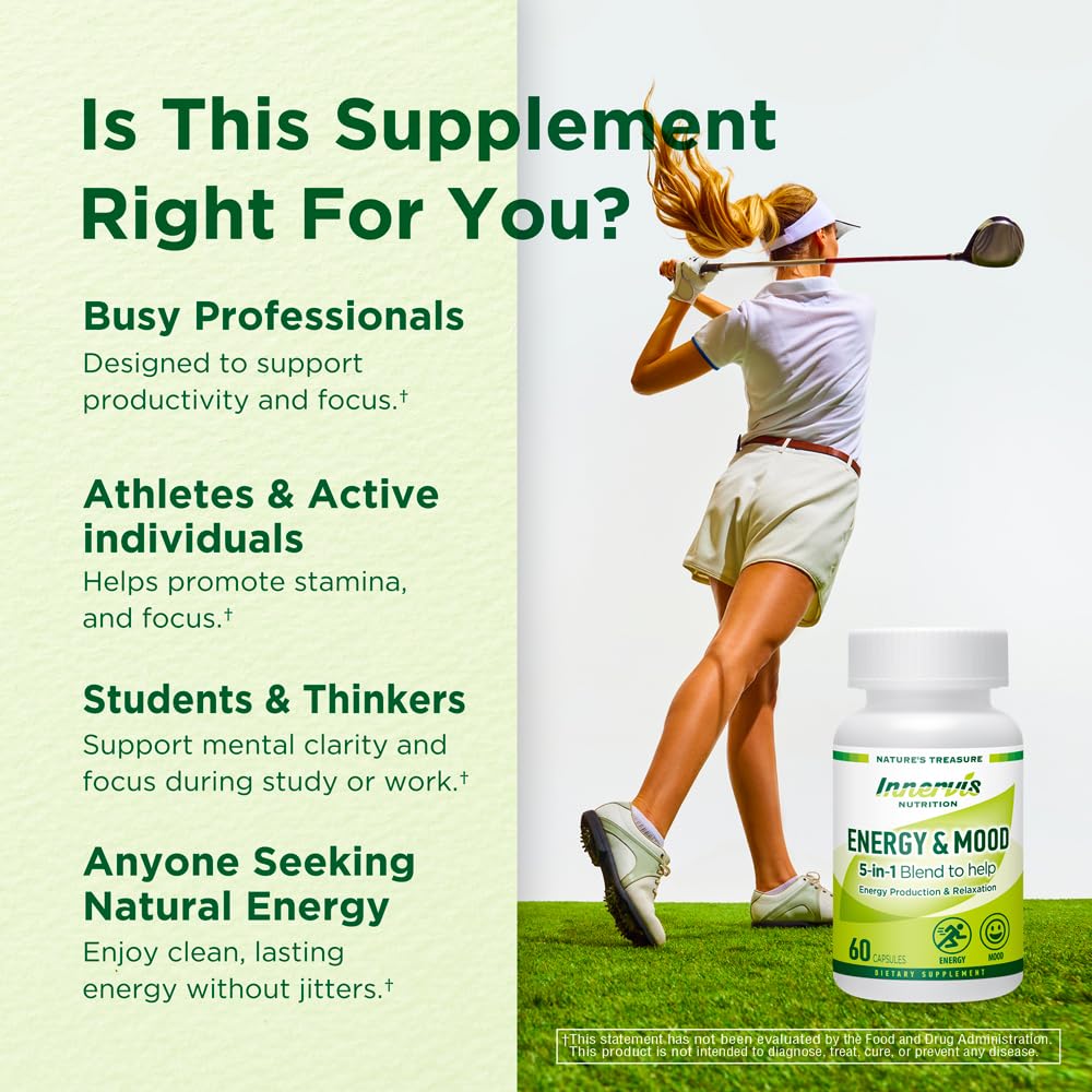INNERVISNUTRITION Energy & Mood Supplement – 60 Capsules 5-in-1 Blend Boost Energy Production Support Relaxation Fatigue Stress Relief Formula Mood Enhancer – Non-GMO & Lab Tested