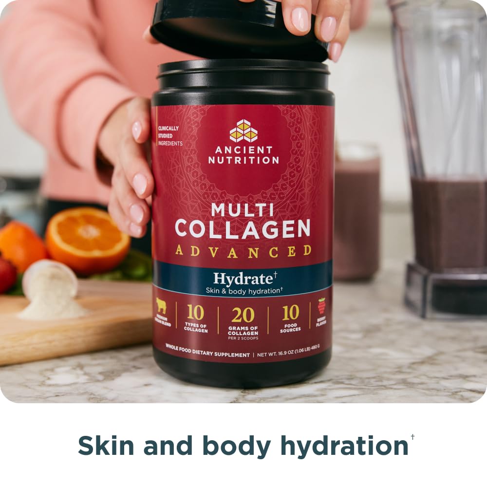 Ancient Nutrition Advanced Multi Collagen Protein Powder Hydrate, Mixed Berry, 30 Servings