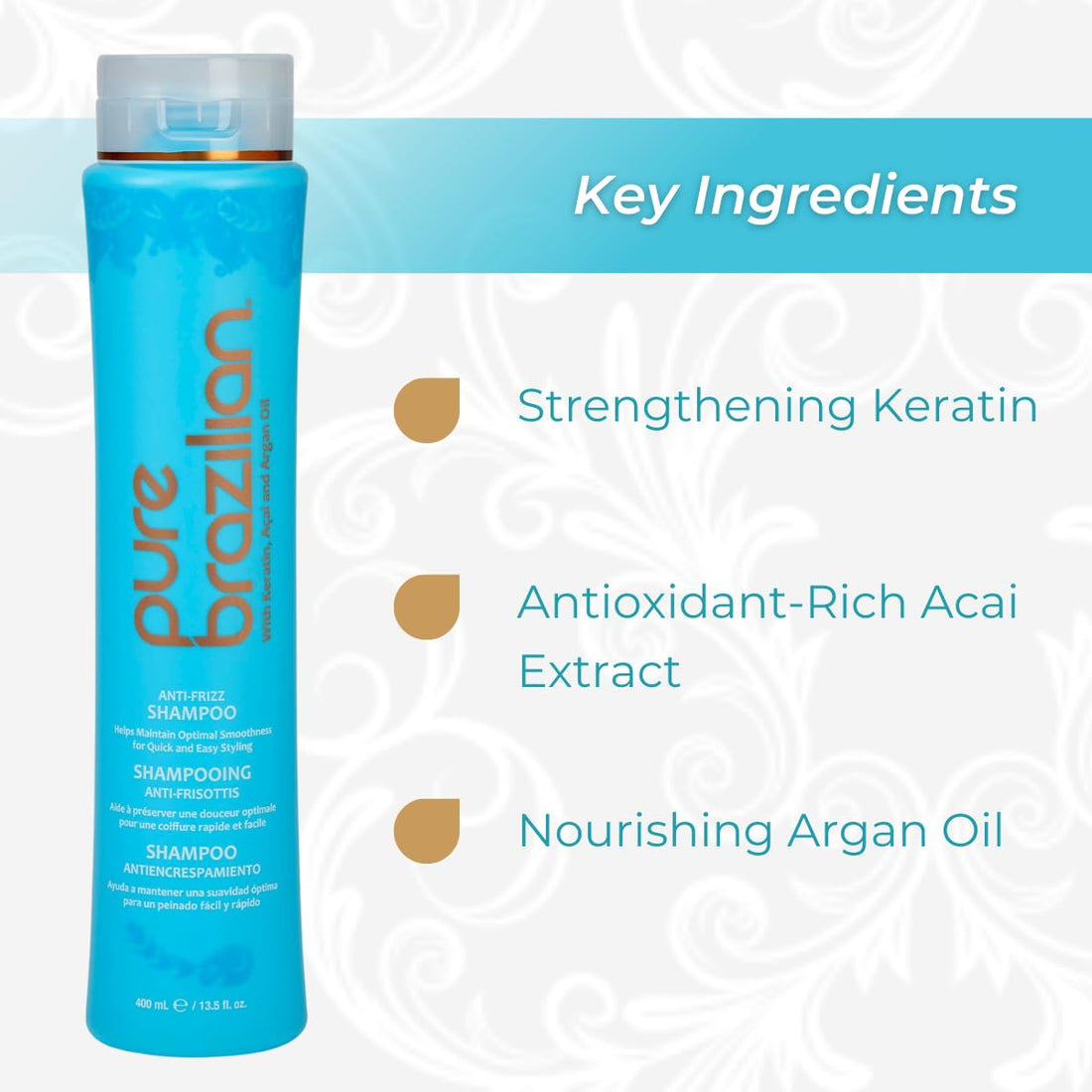 Pure Brazilian Anti-Frizz Daily Shampoo, Salt-Free, Color Safe, with Keratin, Argan Oil & Acai for Prolonged Treatment & Smooth Hair, 13.5 Oz