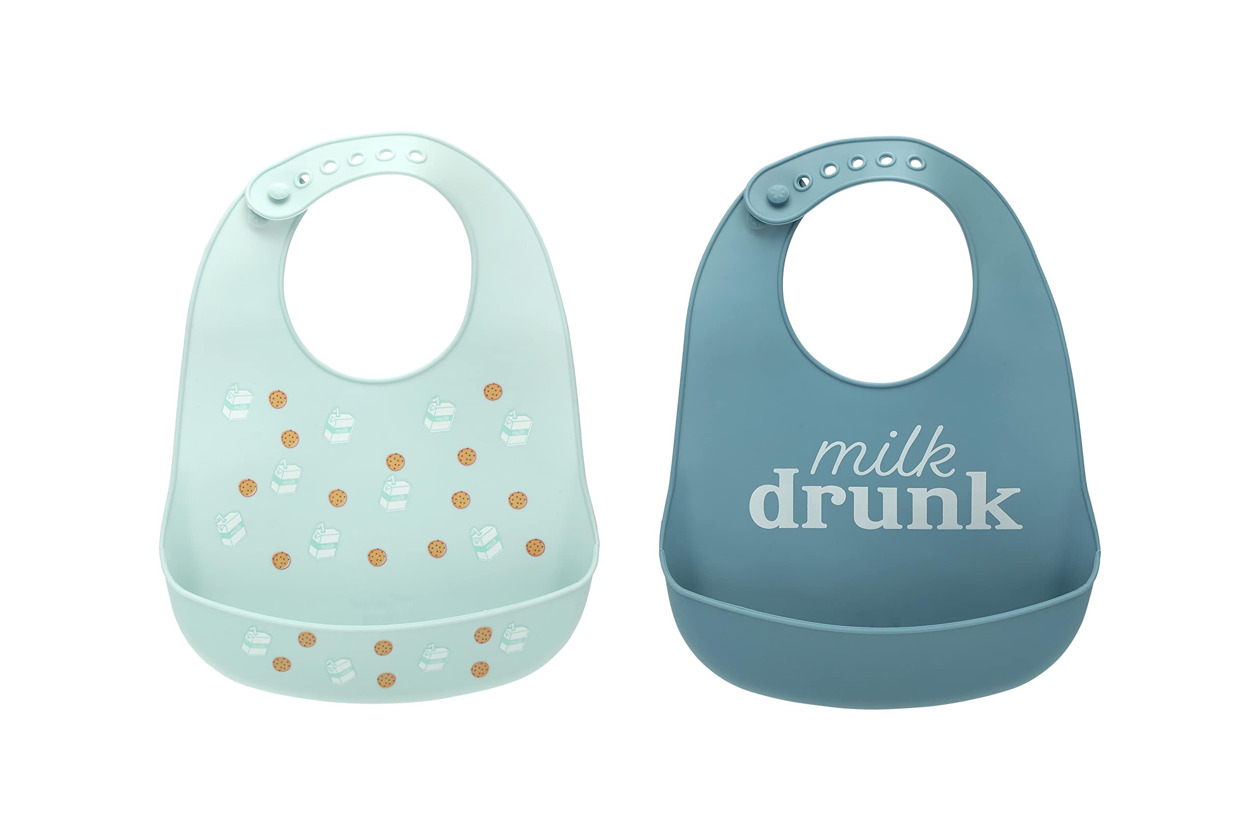 Pearhead Silicone Bibs Set of 2, One Milk Drunk Baby Bib, One Light Blue Milk and Cookies Bib, Gender-Neutral Baby Feeding Accessory for New Parents and Expecting Parents, 2 Bibs