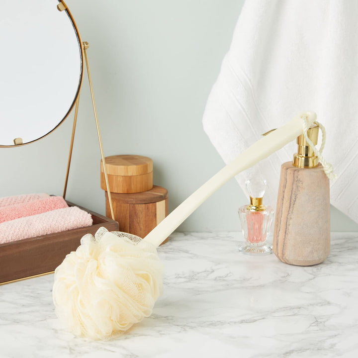Juvale Body Back Scrubber Bath Sponges - 3-Pack Exfoliating Mesh Pouf Shower Brushes With Long Handles, Peach, 15.2 X 4.5 X 4 Inches