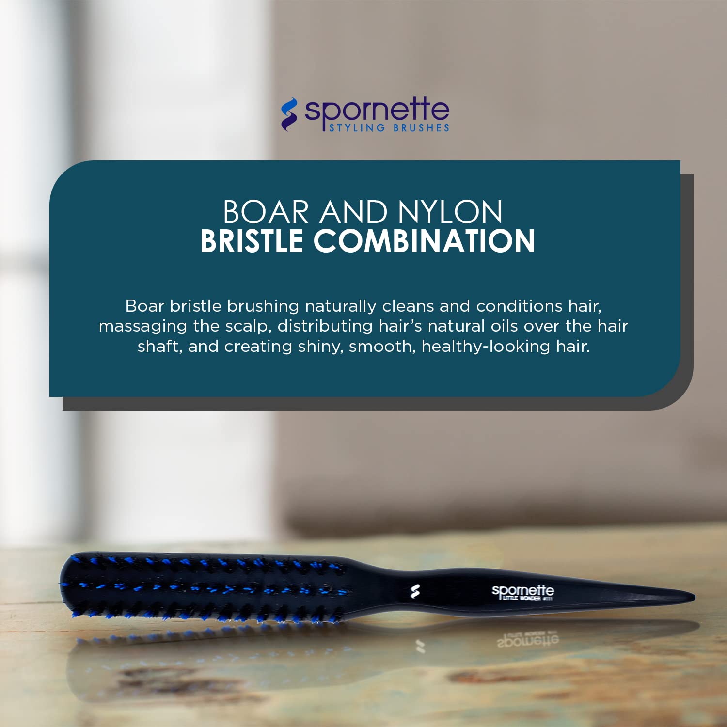 Spornette Little Wonder Teasing Brush, Boar & Tourmaline Nylon Bristles - Tapered Handle for Back Brushing & Combing, Creating Volume, Teasing, & Slicking Hair for Updos (Blue)