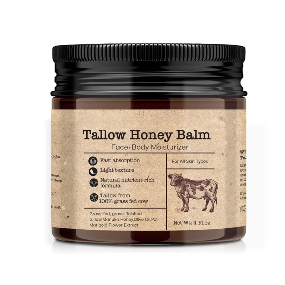 GAHQB Beef Tallow Honey Balm for Skin : Grass-Fed Beef Tallow Moisturizer For Face and Body, Tallow Cream with Manuka Honey Beeswax Olive Oil, 4 oz