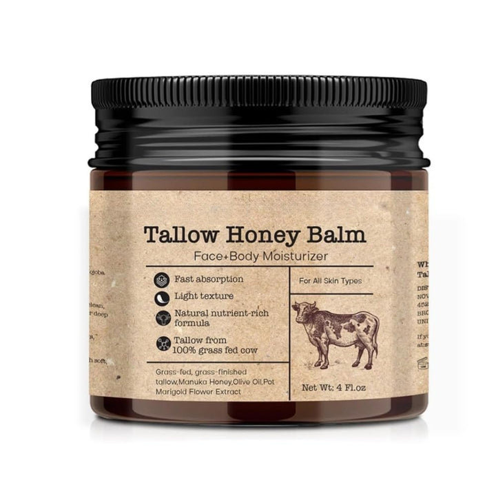 GAHQB Beef Tallow Honey Balm for Skin : Grass-Fed Beef Tallow Moisturizer For Face and Body, Tallow Cream with Manuka Honey Beeswax Olive Oil, 4 oz