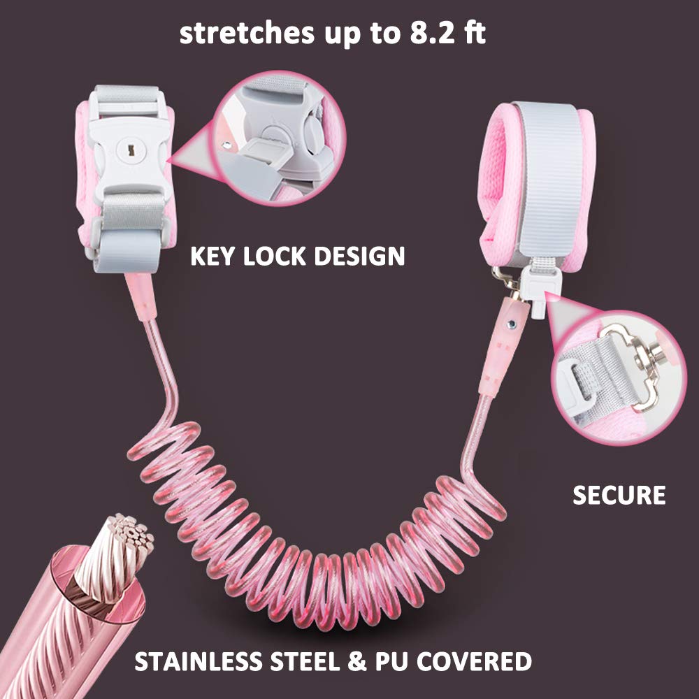 Anti Lost Wrist Link (8.2ft), Socub Breathable Toddler Leash Wrist for Child Safety, Wrist Link for Kids with Key Lock, Pink