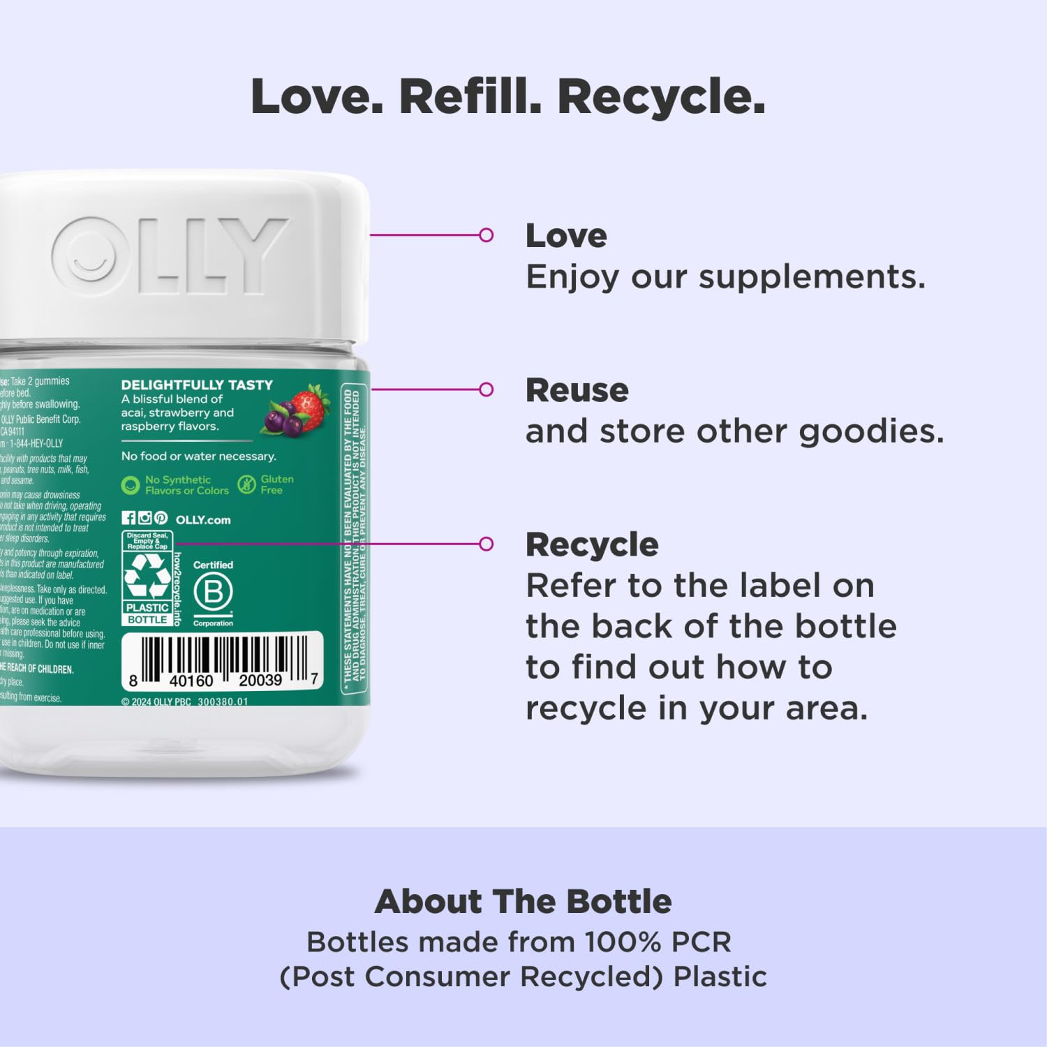 OLLY Muscle Recovery Sleep Gummies, Sleep and Sore Muscle Support, 3mg Melatonin, Tart Cherry, Vitamin D, Berry Flavor - 40 Count