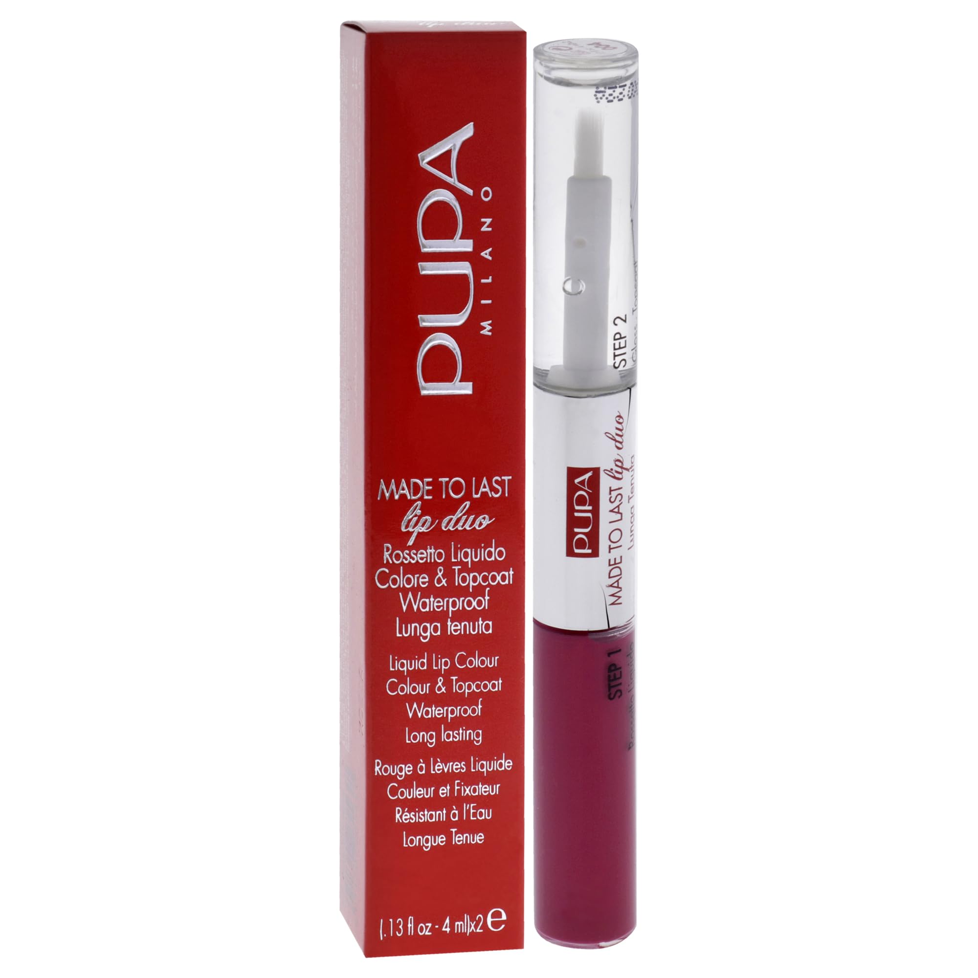 Pupa Milano Made To Last Lip Duo - Comfortable Liquid Lip Color with Top Coat - Waterproof - Long Lasting Hold - Ultra Shiny, Latex Effect Make-Up Result - 004 Geranium Fuchsia - 0.13 Oz