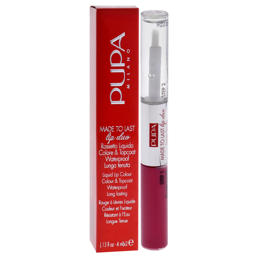 Pupa Milano Made To Last Lip Duo - Comfortable Liquid Lip Color with Top Coat - Waterproof - Long Lasting Hold - Ultra Shiny, Latex Effect Make-Up Result - 004 Geranium Fuchsia - 0.13 Oz