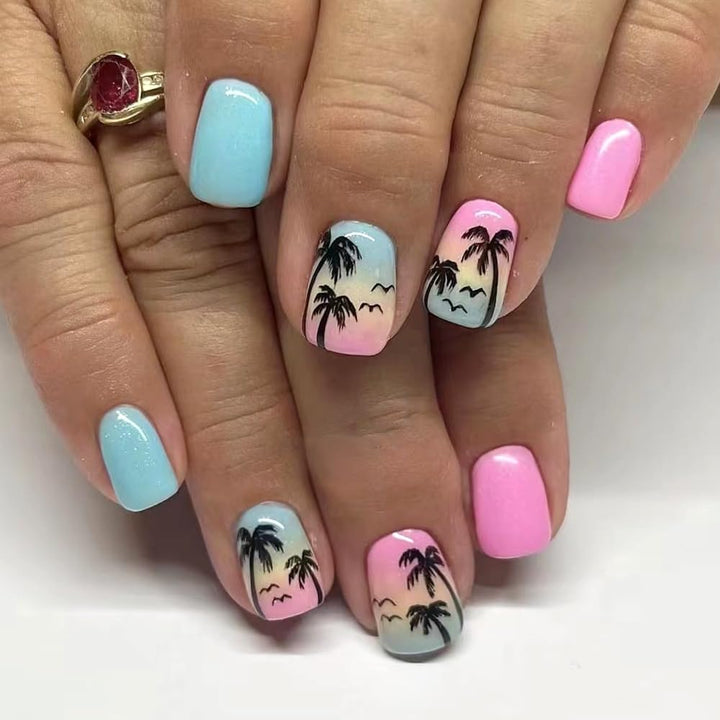 Short Press on Nails Summer Palm Tree Fake Nails Square Acrylic Nails Press ons Glossy Blue Pink Glue on Nails with Twilight Beach Designs Stick on Nails Summer False Nails for Women Girls 24Pcs