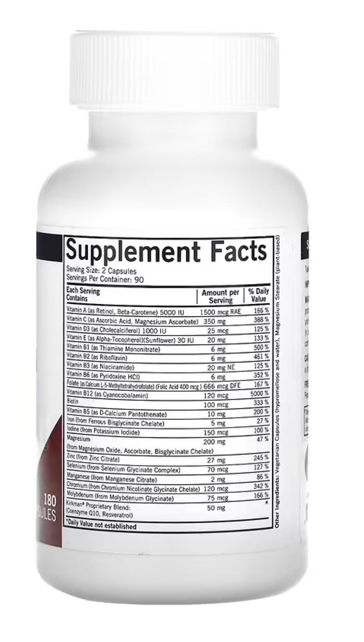 Kirkman - Advanced Adult Multivitamin & Mineral with 5-MTHF - 180 Capsules - Potent Broad Spectrum Vitamin/Mineral Supplement - Supports Cell Turnover - Hypoallergenic