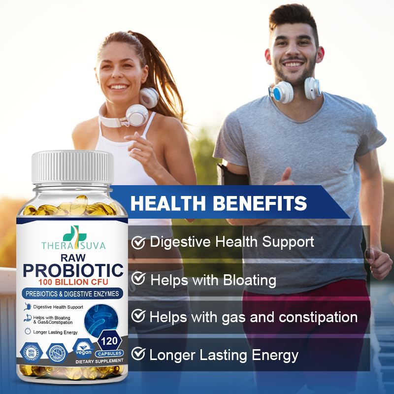 TheraSuva Probiotics 100 Billion CFU - 34 Strains + Organic Prebiotics + Digestive Enzyme + Whole Food Supplement for Ultimate Gut Health Support! 120 Softgels, 60 Day Supply
