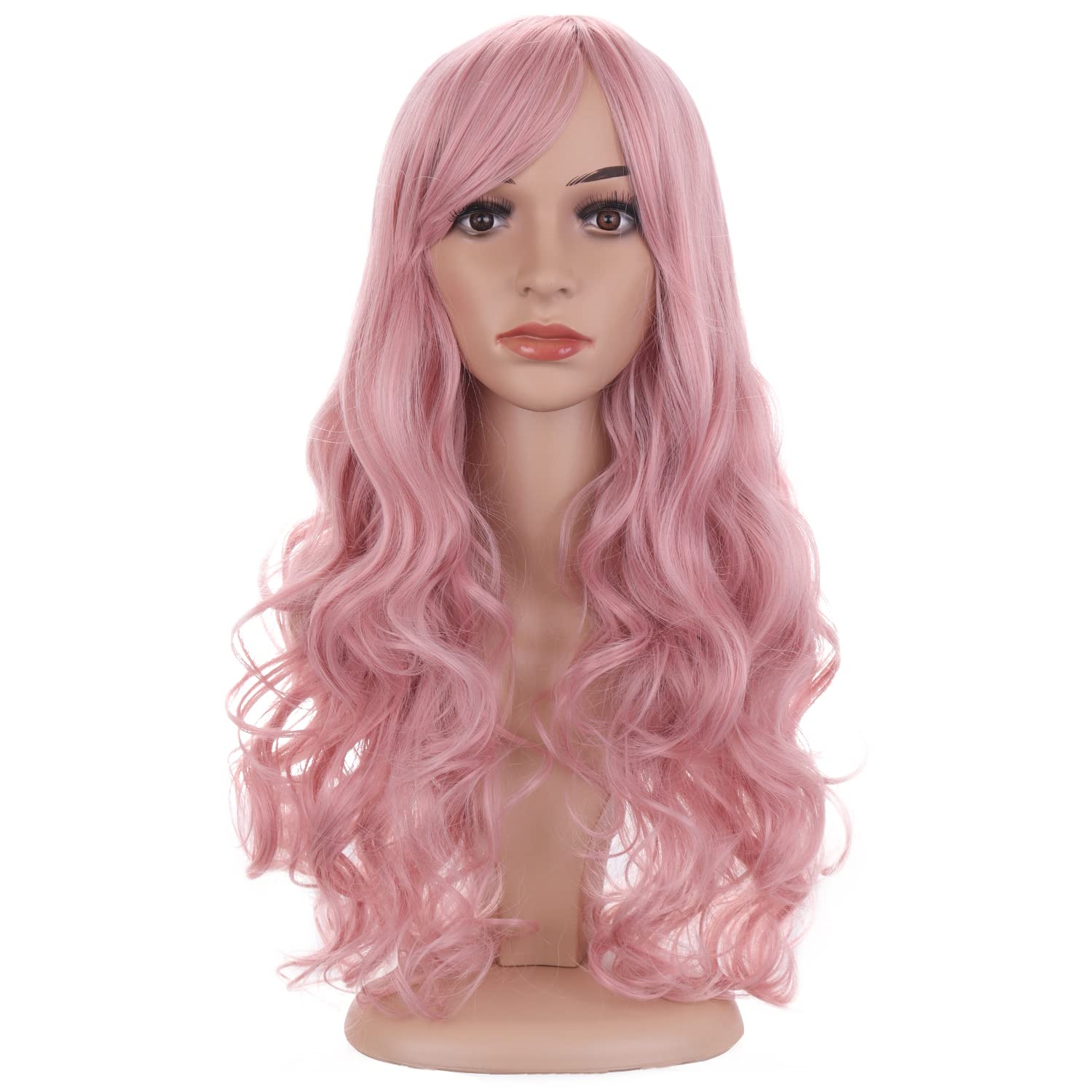 BERON 24 Stylish Long Curly Pink Hair Wig Party Perruque (Lovely Pink)