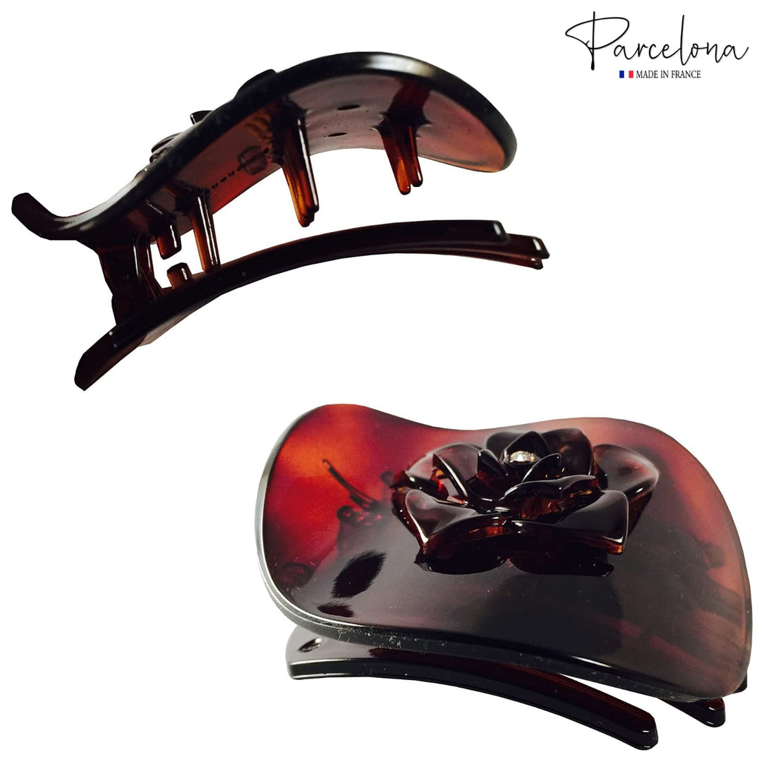 Parcelona French Onde Crystal Flower Shell Brown Round Celluloid Side Slide in Beak Style Hair Slider Claw Clip 2 3/4 Inch