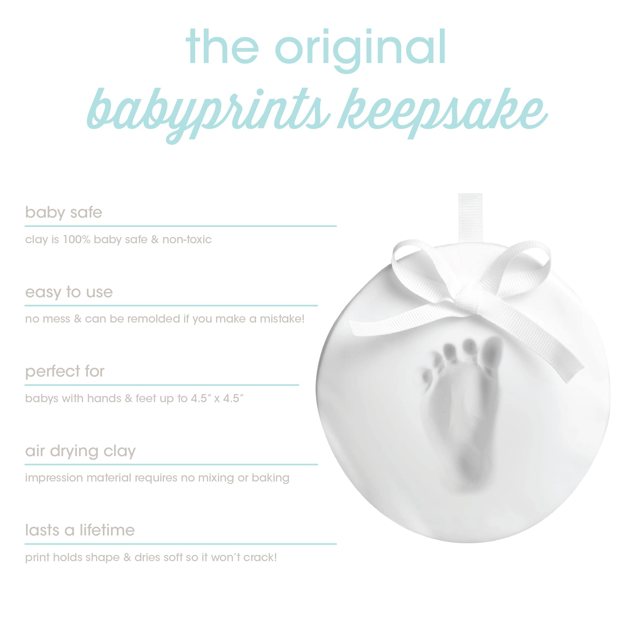 Pearhead Baby Handprint or Footprint Kit, My First Christmas Ornament, DIY Clay Keepsake Kit, Gift For New And Expecting Parents, 3 Multicolored Ribbons For Baby Girl or Baby Boy