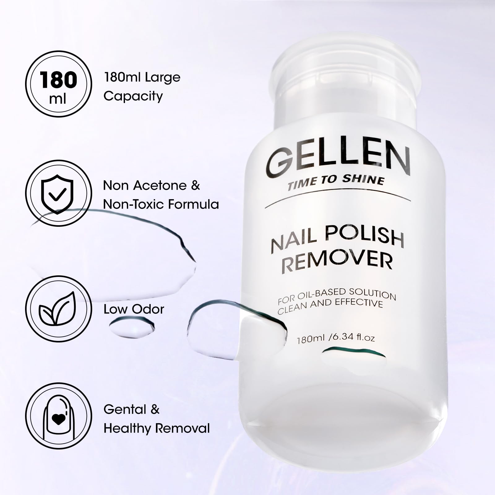 Gellen Nail Polish Remover, Non Acetone Nail Polish Remover for Quick Dry Nail Polishes, Gentle Polish Remover Pump, Ultra-Powerful Clear Fingernail Polish Remover, 6.09 Fl Oz