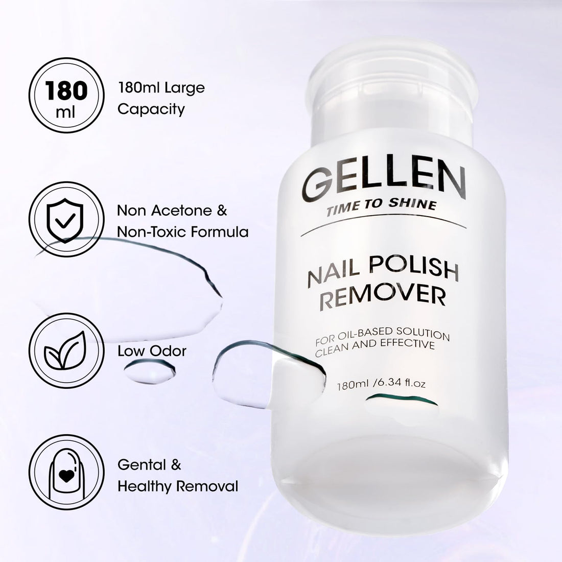Gellen Nail Polish Remover, Non Acetone Nail Polish Remover for Quick Dry Nail Polishes, Gentle Polish Remover Pump, Ultra-Powerful Clear Fingernail Polish Remover, 6.09 Fl Oz