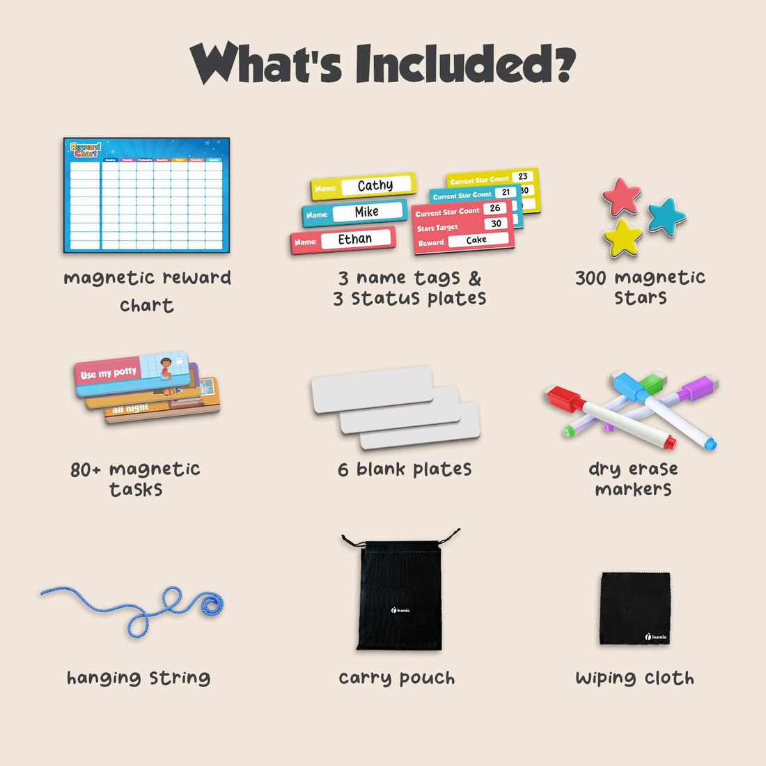 inamio Magnetic Kids Responsibility Reward Chart - Engaging 3D Stars & Chore Tasks - Behavior Chart for Home & School - Ideal for Ages 3-9, Multiple Kids