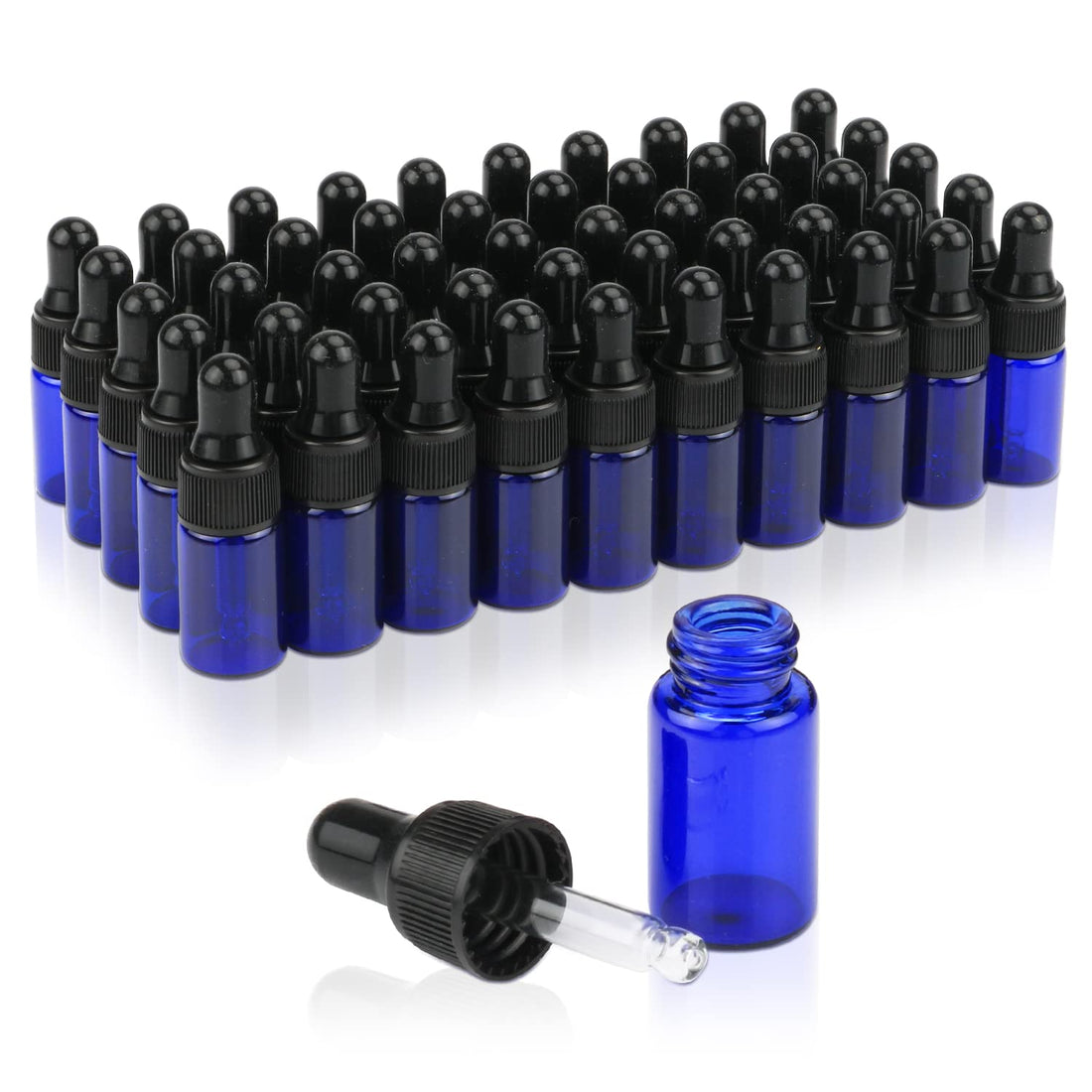 Furnido 50 Pack 3 Ml Cobalt Blue Glass Dropper Bottles, Empty Eye Dropper Sample Vials With Black Eye Dropper Caps For Fragrance, Essential Oil, Perfume, Cosmetic Liquid Lotion Container-2 Tra