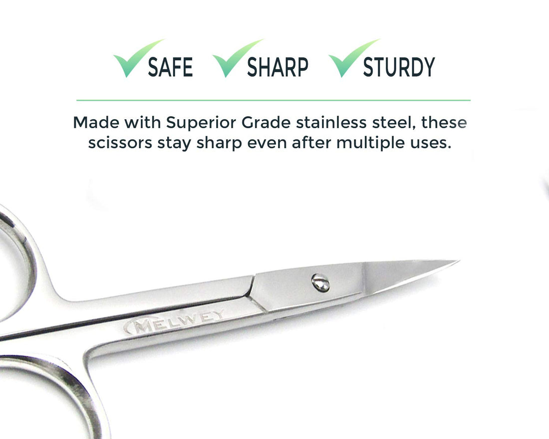 Melwey Eyebrow Scissors & Small Cuticle Scissors, Curved Blade Manicure TSA Scissors. Stainless-Steel Scissors for Eyelashes, Facial Hair, Pubic, Men Moustache & Beard.