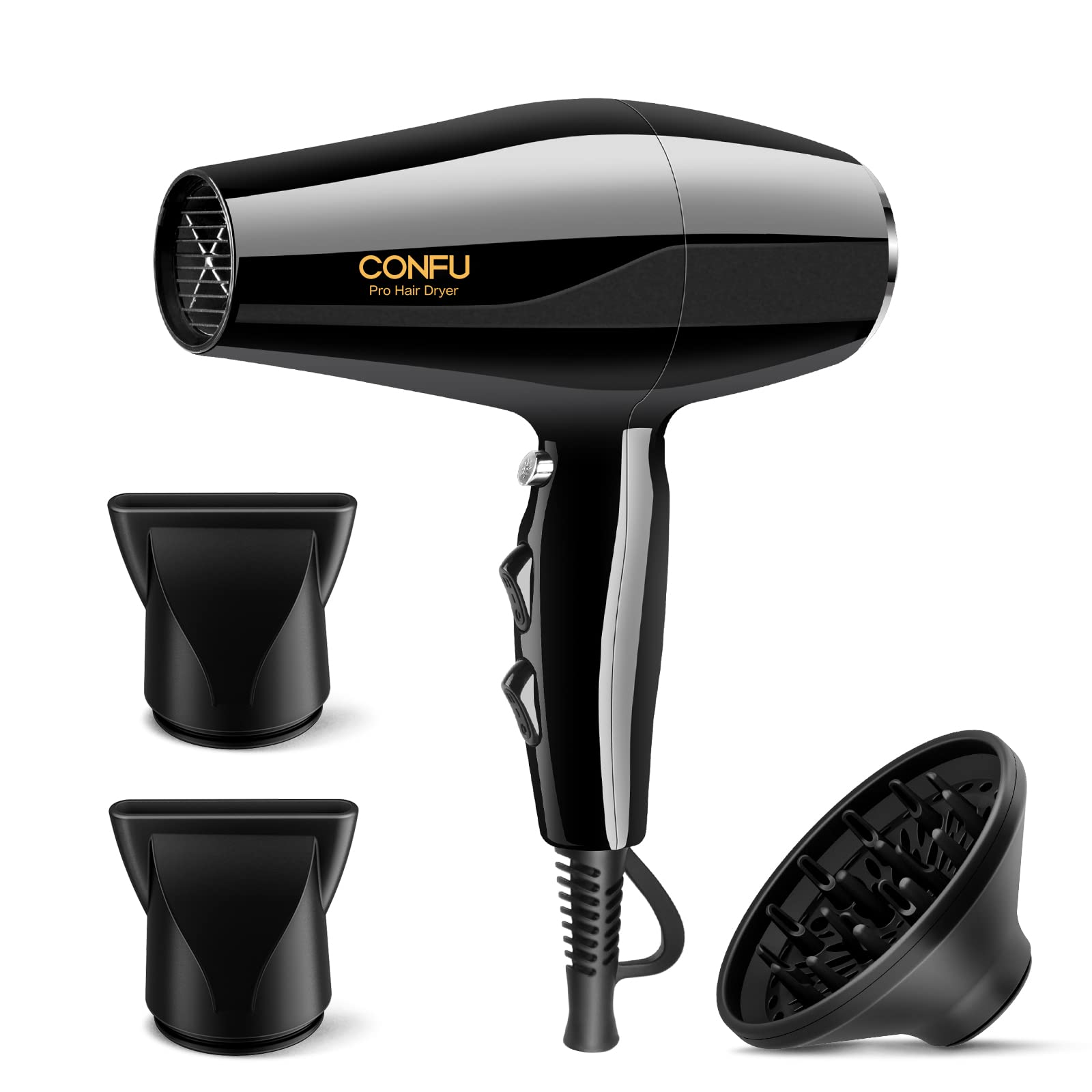 Professional Ionic Hair Dryer CONFU 1875W AC Motor Blow Dryer with Diffuser 2 Concentrators Fast Drying with 3 Heat 2 Speed Settings Cool Shot Button LED Night Light ETL Certified Black