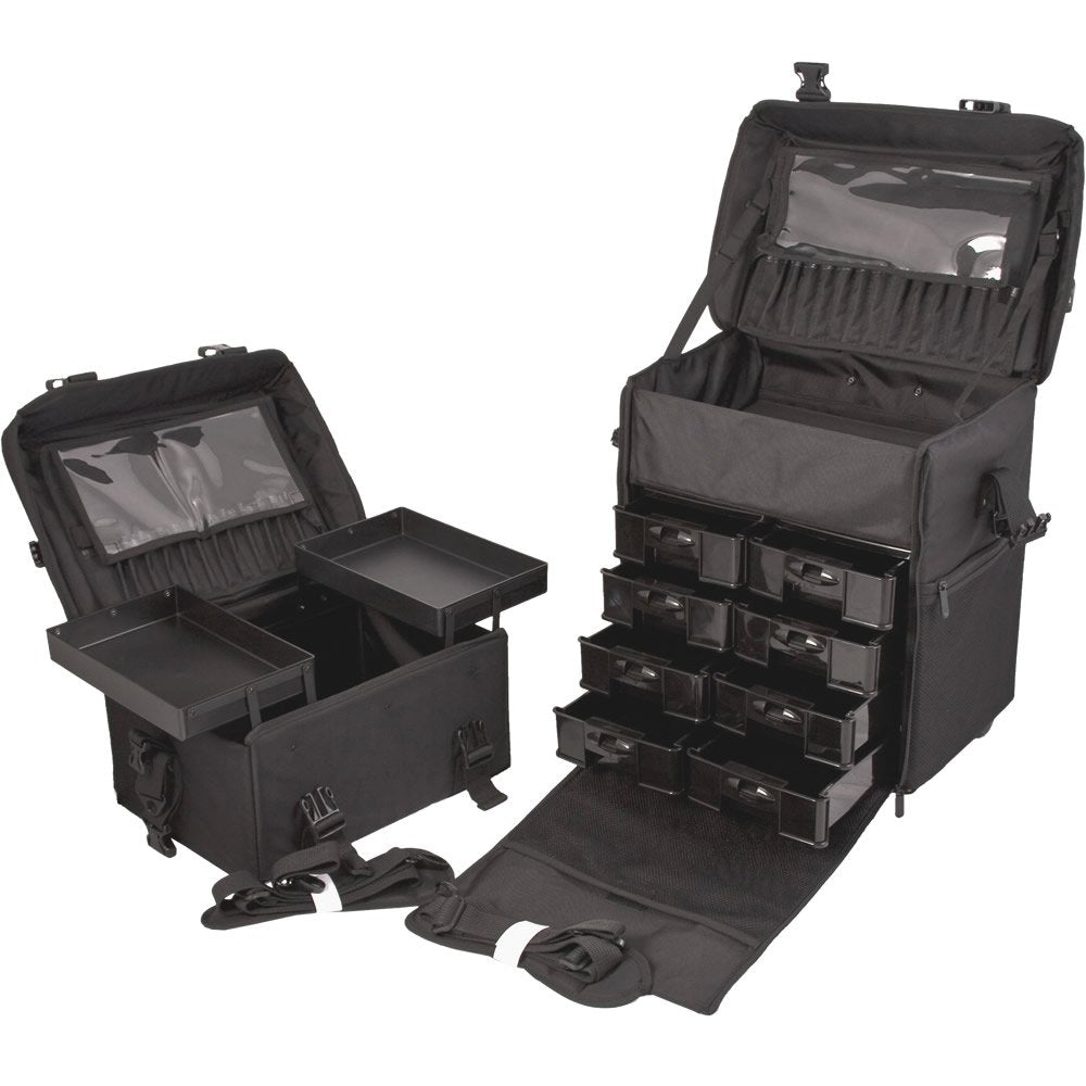 Sunrise 26.5 Inch 2-in-1 Nylon Soft-sided Pro Rolling Makeup Case with Drawers and Brush Holder in Black