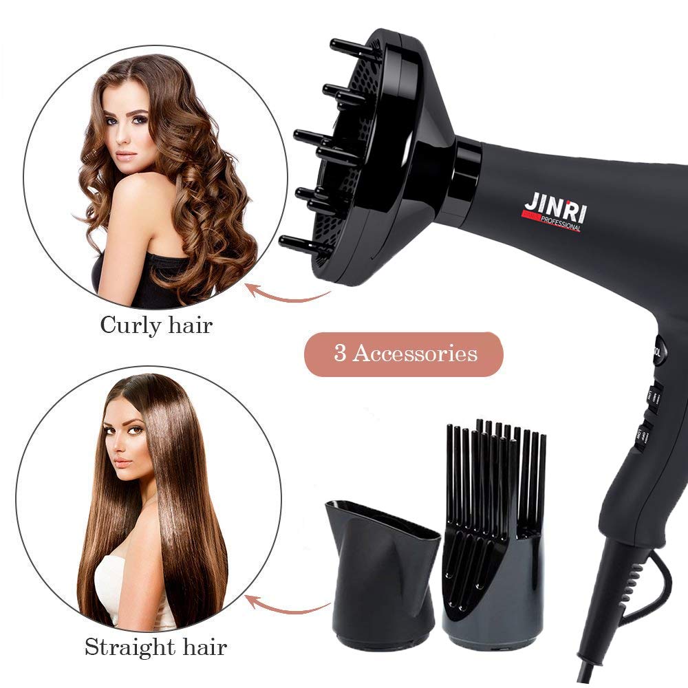 JINRI Professional Salon Hair Dryer 1875W Long Life AC Motor Negative Ionic Far Infrared Hair Dryer 2 Speeds 3 Heat Settings Cool Shot Button Hair Blow Dryer,Black