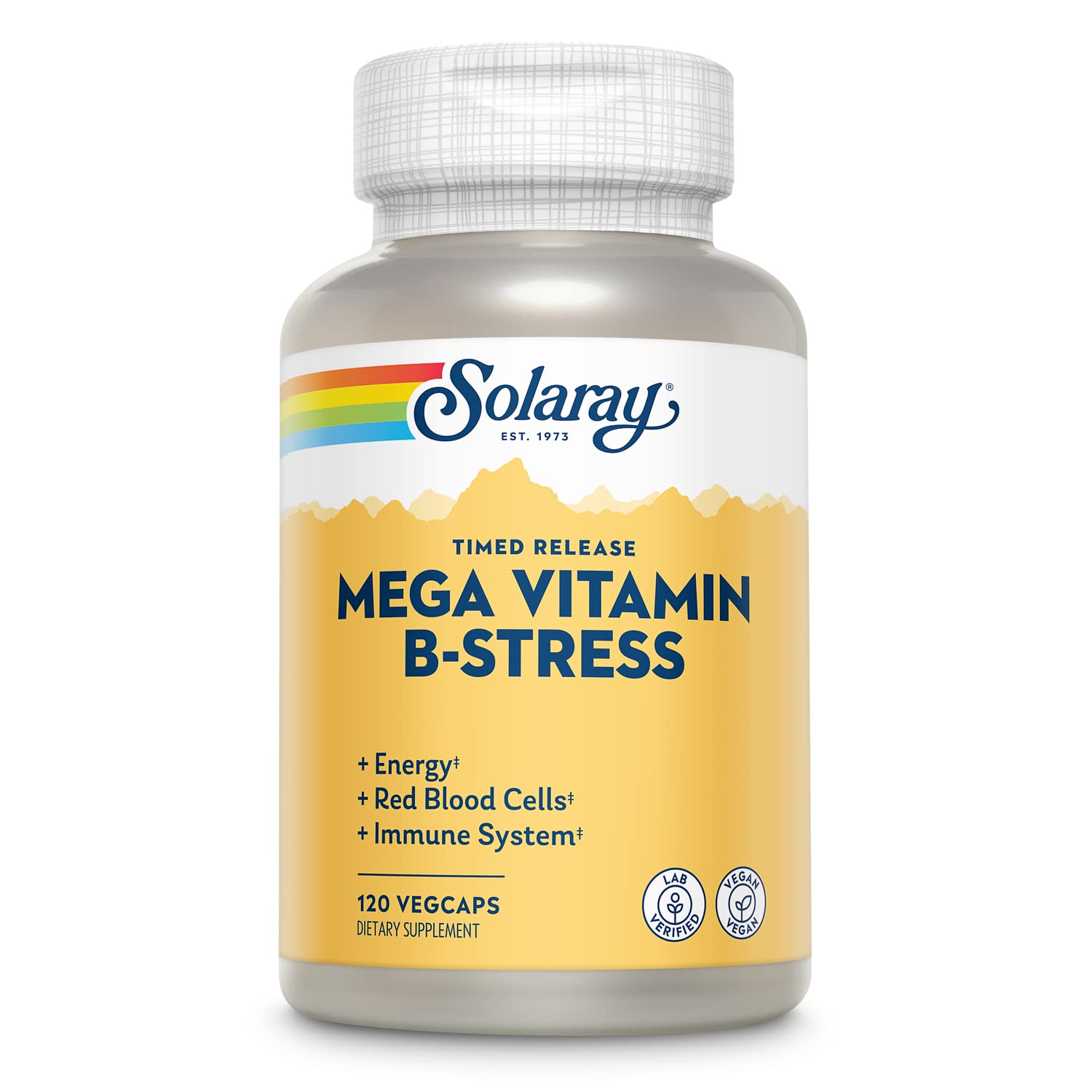 Solaray Mega Vitamin B-Stress, Timed-Release Vitamin B Complex with 1000 mg of Vitamin C for Stress, Energy, Red Blood Cell & Immune Support, 60 Day Guarantee, Vegan, 40 Servings, 120 VegCaps