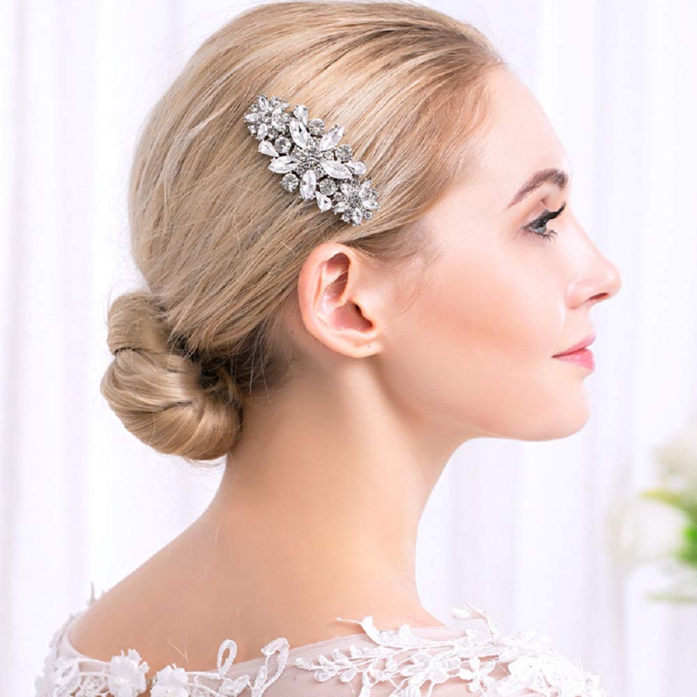 Hapibuy Crystal Wedding Hair Comb Side Bridal Hair Comb Flordal Headpiece Hair Jewelry For Brides And Bridesmaids (Sliver)