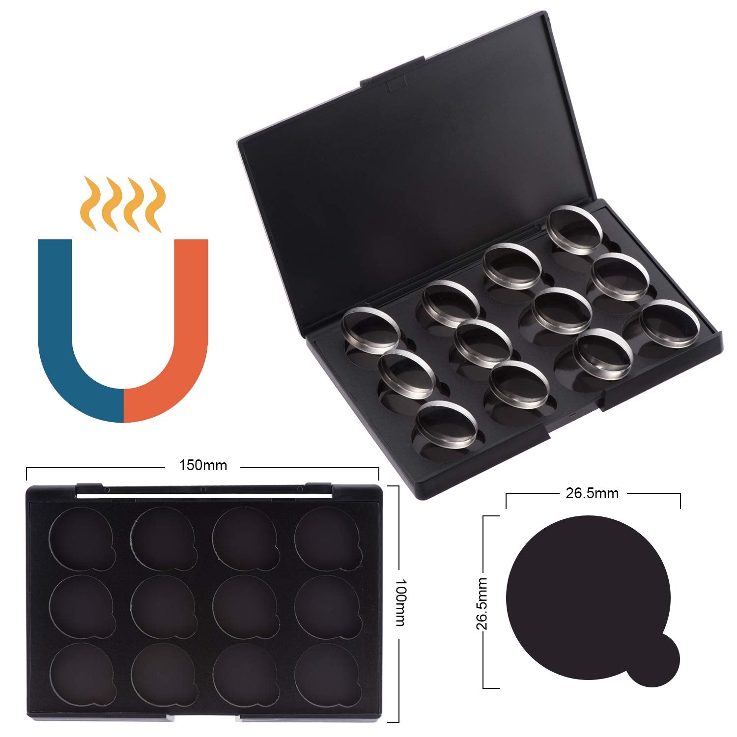 allwon empty magnetic eyeshadow makeup palette with 12pcs 26mm round metal pans