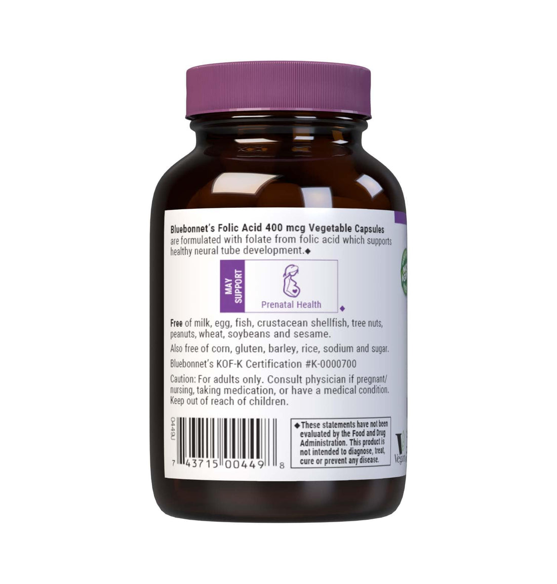Bluebonnet Nutrition Folic Acid 400 mcg, Prenatal & Postnatal Health*, Non-GMO, Vegan, Kosher Certified, Gluten-Free, Soy-Free, Dairy-Free, 90 Vegetable Capsules, 90 Servings
