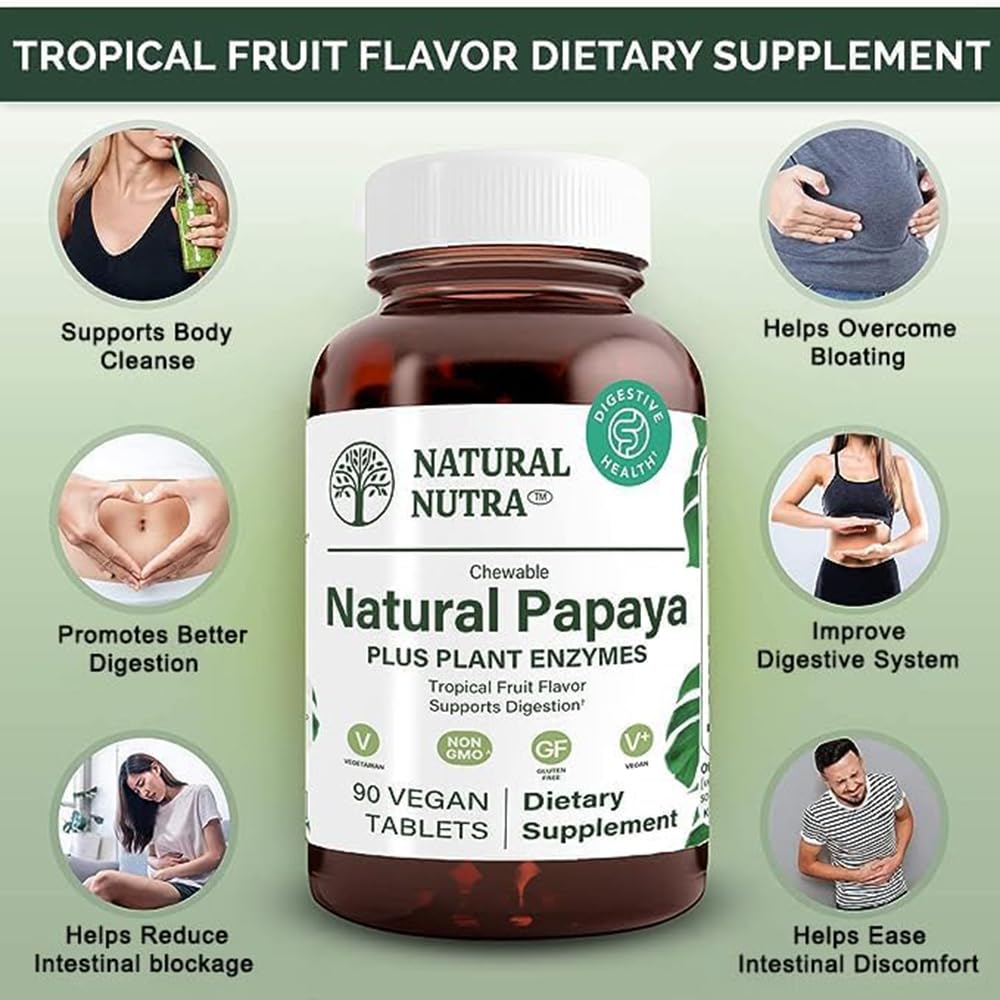 Natural Nutra Papaya Chewable Enzymes for Digestion and Body Cleanse - Supports Digestive Health, Ease Gastrointestinal Discomfort - Nutrient Absorption and Reduces Bloating - 90 Vegan Tablets