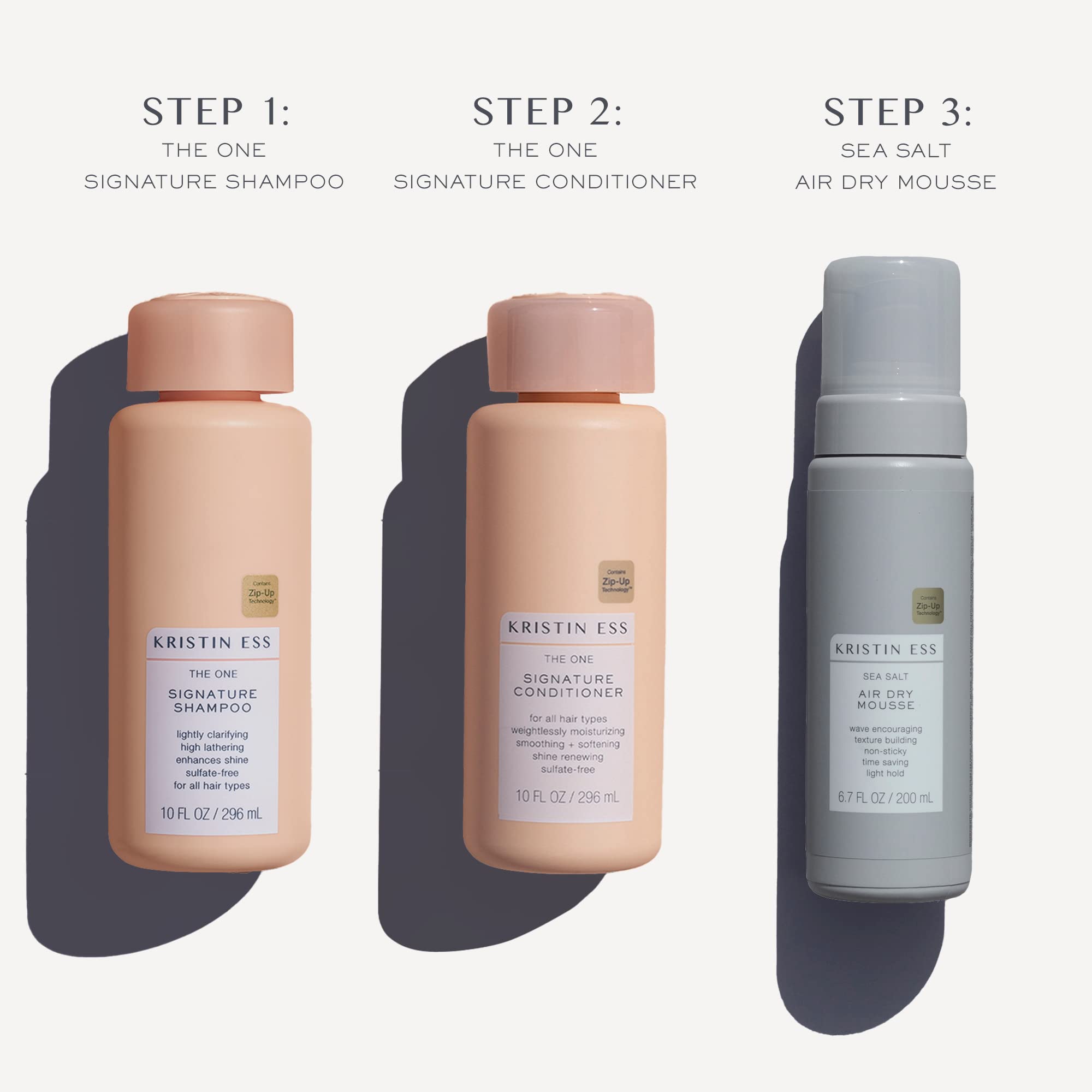 Kristin Ess Hair The One Signature Set - Lightly Clarifying Sulfate Free Shampoo, Hydrating Conditioner + Texturizing Sea Salt Air Dry Volumizing + Non Sticky Mousse for Wavy + Curly Hair (Pack of 3)