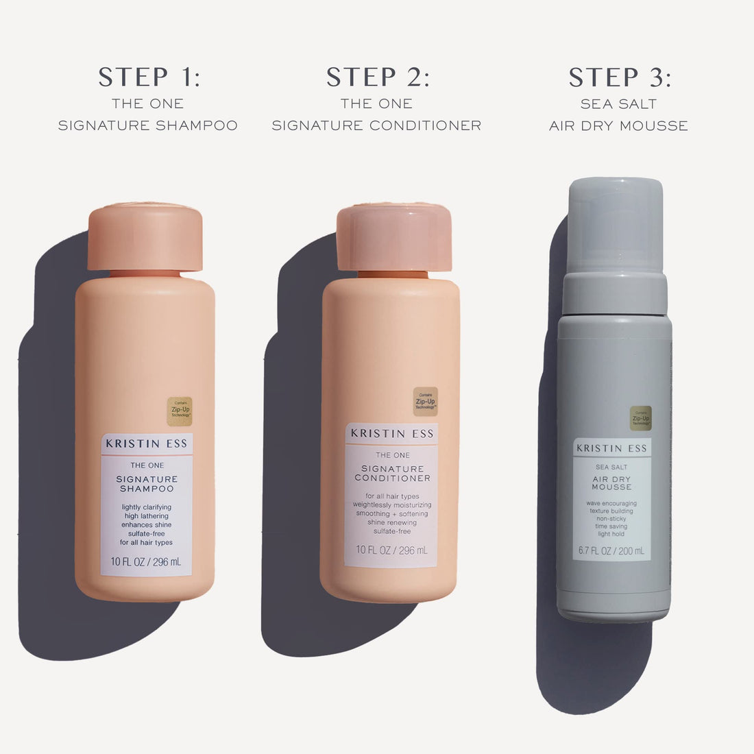 Kristin Ess Hair The One Signature Set - Lightly Clarifying Sulfate Free Shampoo, Hydrating Conditioner + Texturizing Sea Salt Air Dry Volumizing + Non Sticky Mousse for Wavy + Curly Hair (Pack of 3)