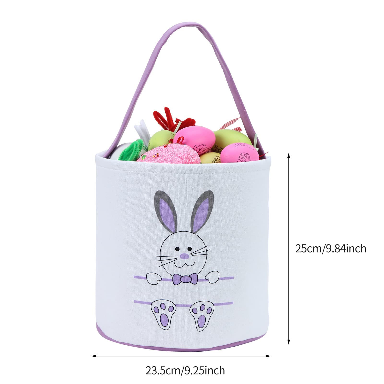 Easter Bunny Basket Egg Bags for Kids,Canvas Cotton Personalized Candy Egg Basket Rabbit Print Buckets with Fluffy Tail Gifts Bags for Easter……