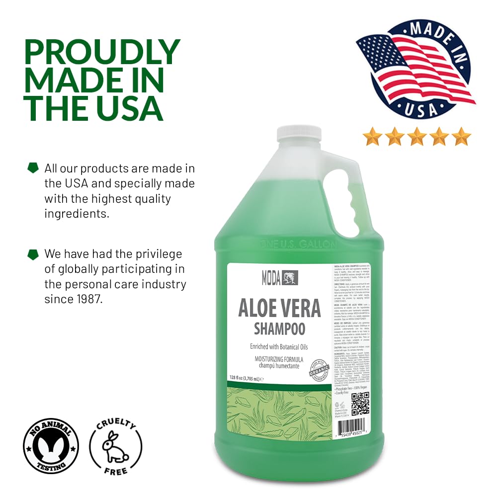 MODA - Moisturizing Shampoo for All Hair Types, Aloe Vera, 128 Oz, Professional - Deeply Cleanses and Conditions, Strengthens, Restores and Shine your Hair