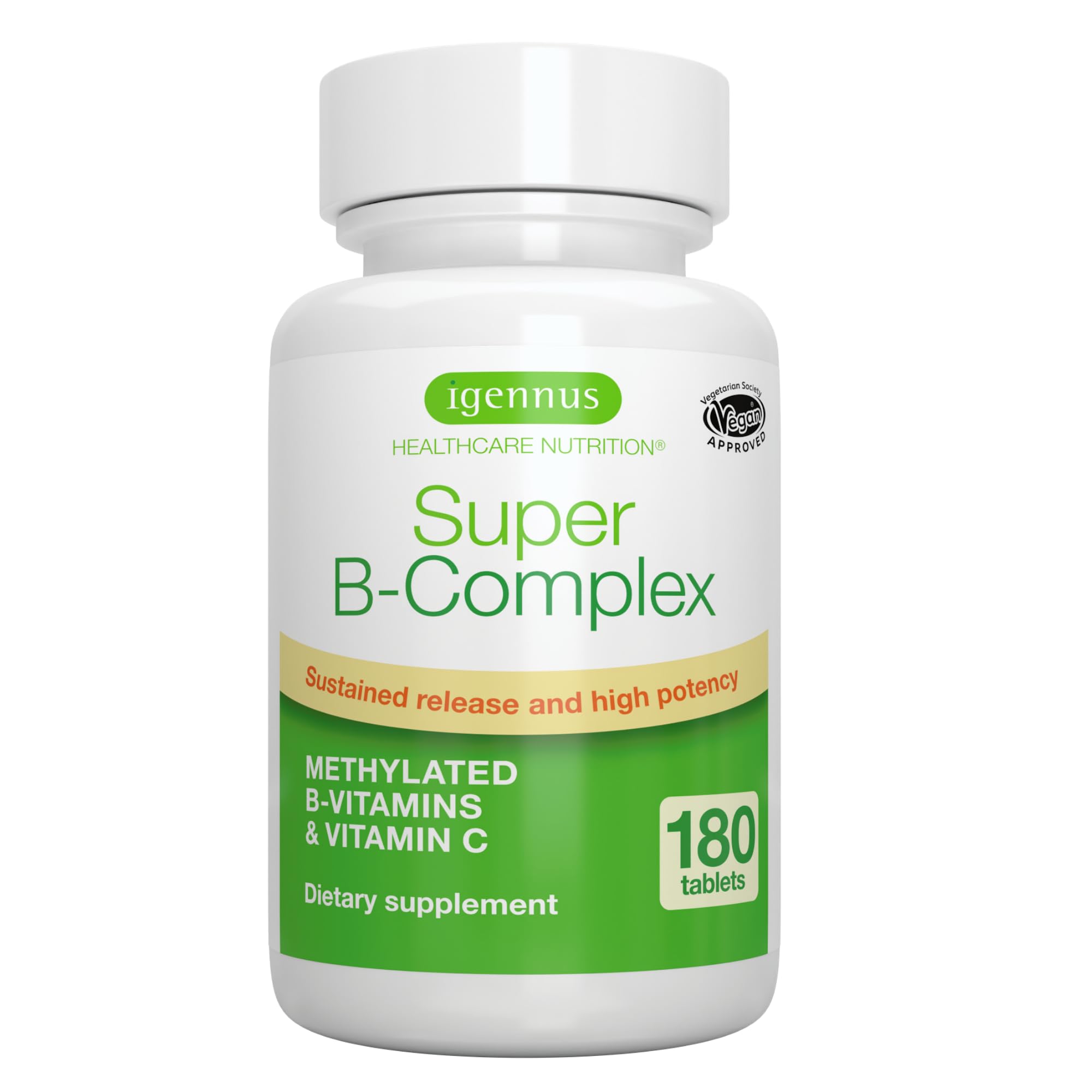Igennus Super B-Complex Methylated B Vitamins, Sustained Release, Clean Label, MTHFR Supplement with Methylfolate & B12 Methylcobalamin, Vegan, Lab Verified, 180 Small Tablets