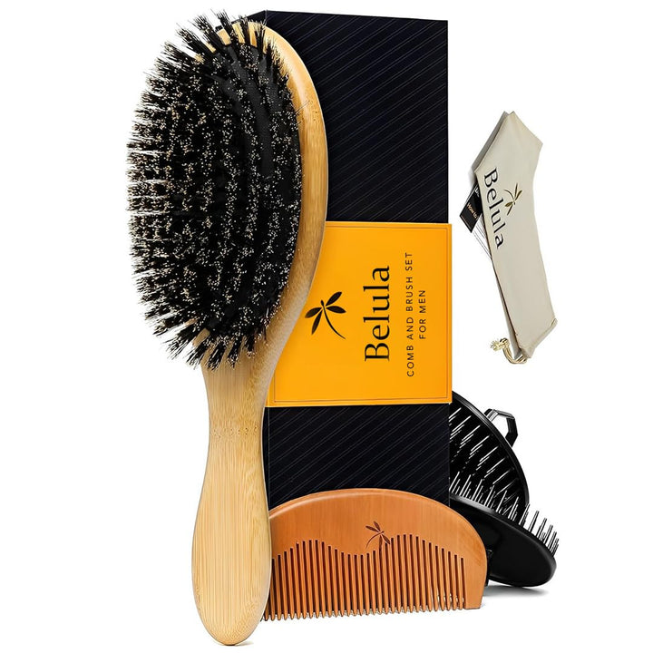 Belula Soft Bristle Brush Set for Men - Hairbrush for Thin, Normal and Short Hair, Wooden Comb, 2 Palm Brushes & Travel Bag Included