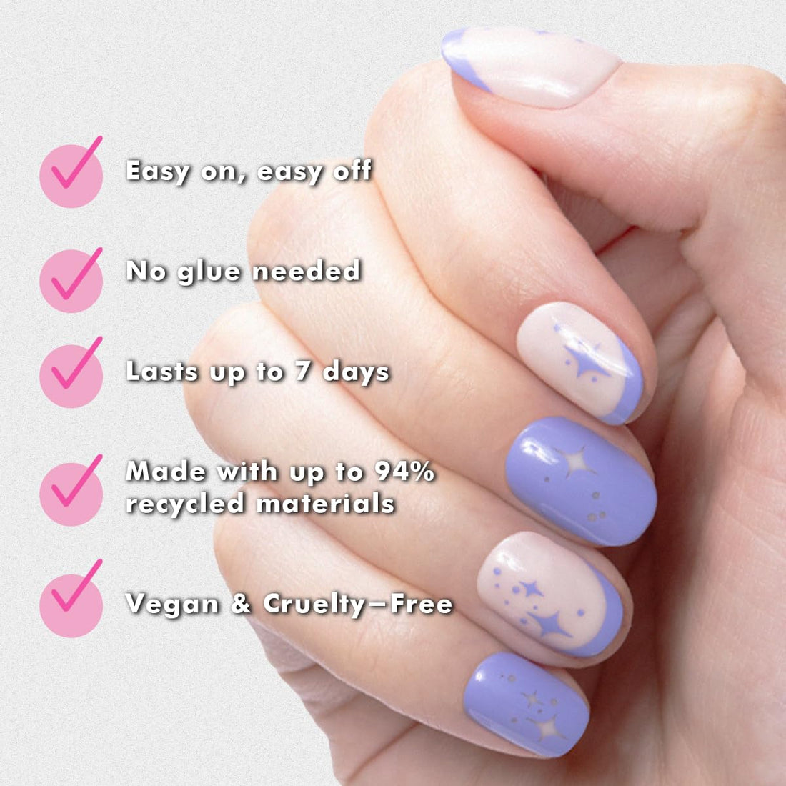 Olive & June Classic Super Stick Mani Press On Nails | Short Round | No Glue Needed | 32 Tab Nails in 16 Sizes | Non-Toxic Tabs | Easy On-Off Non-Damaging Real Look | 7-Day Wear | Mixed Purple Sparkle