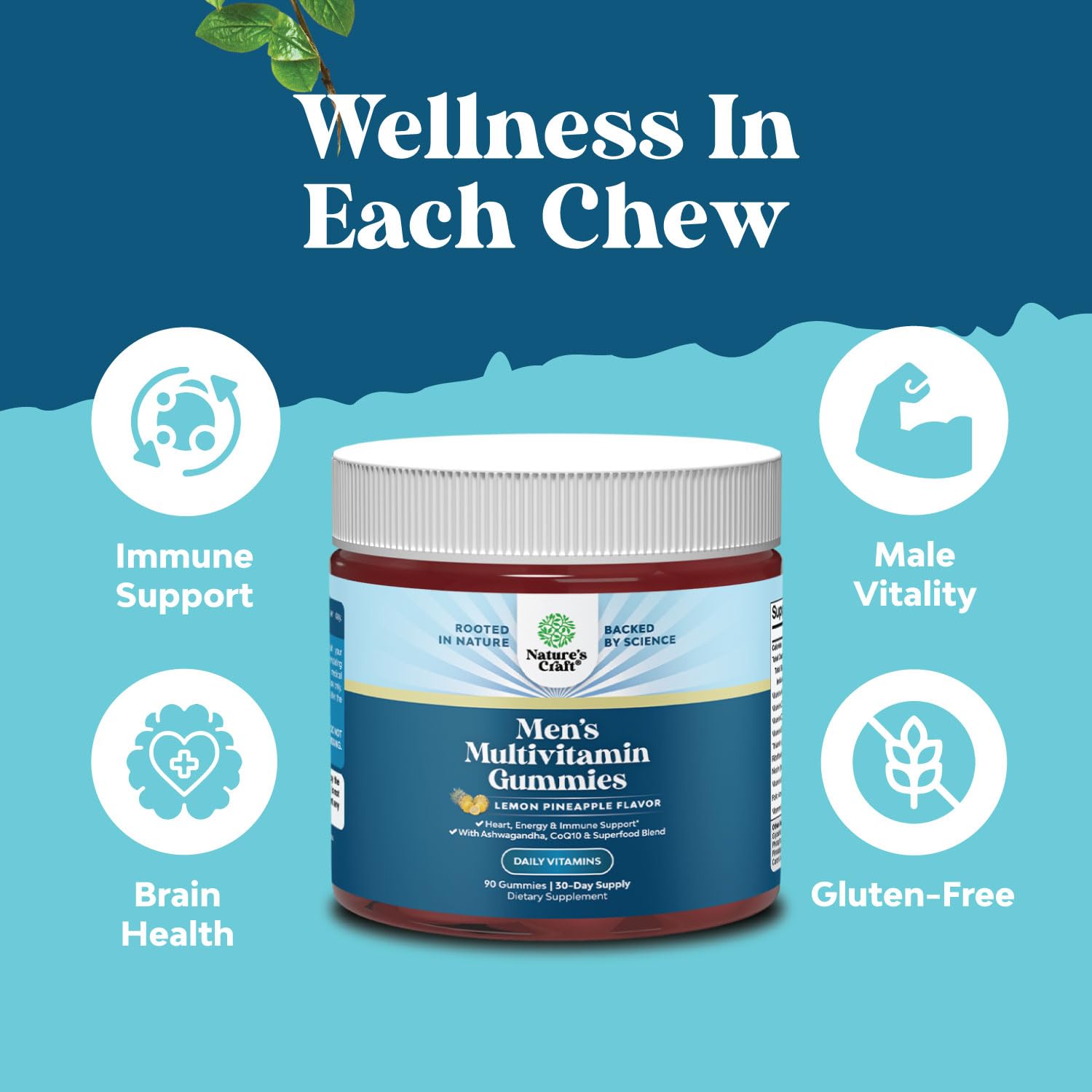 Natures Craft Men's Multivitamin Gummies with Superfood Complex - Daily Multivitamin for Men Gummies with CoQ10 and Ashwagandha for Energy and Immune Support - Adult Gummy Essential Minerals