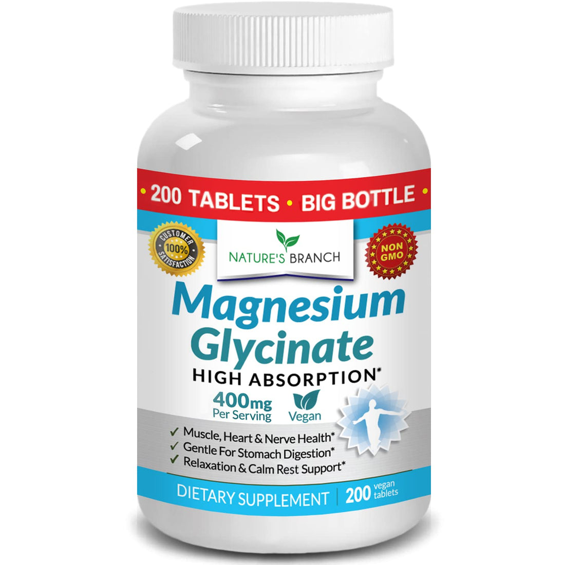 Magnesium Glycinate 400 mg - 200 Tablets - High Absorption, Non Buffered Bisglycinate Mag Supplement for Sleep, Leg Cramps, Heart, Ease Muscles, Calm Headaches for Women and Men, Non Powder Capsules